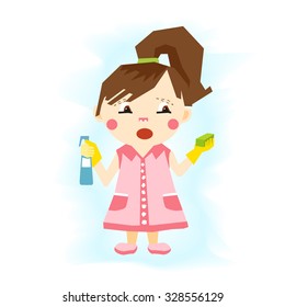 Pretty little girl on a white background. The effect is cut with scissors. Drawn upright. Dressed in a dress, shoes. Holding a cleaning agent for washing and a sponge. Hair tied a rubber band