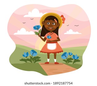 Pretty little girl picking fresh flowers outdoors on a path in the garden or park, colored cartoon vector illustration