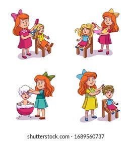 Pretty little girl playing with doll isolated set. Cute child doing hairstyle, cutting, combing or drying hair, washing toy head in bathroom. Happy childhood and fun game. Vector illustration