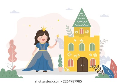 Pretty little girl playing fairy with magic stick. Caucasian girl wearing fairy costume and standing near toy castle. Childhood, imagination, kids games. flat vector illustration