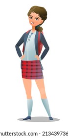 Pretty little girl student. Cheerful schoolgirl in plaid skirt. Standing pose. Cartoon flat design in comic style. Single character. Illustration isolated on white background. Vector.