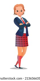 Bastante pequeña estudiante. Alegre escolar con falda de yeso. pose. Diseño plano de dibujos animados al estilo cómico. Un solo carácter. Ilustración aislada sobre fondo blanco. Vector.