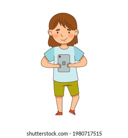 Pretty Little Girl Using Tablet PC as Electronic Gadget Vector Illustration
