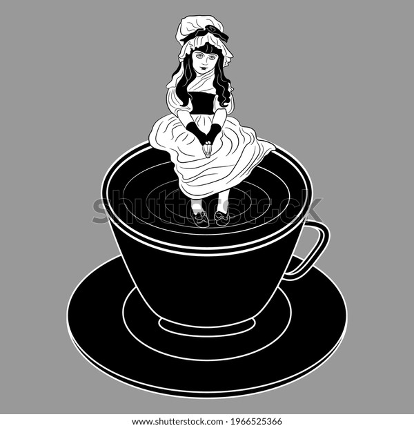 Pretty Little Girl In Vintage Edwardian Or Victorian Dress Sitting In A Cup Of Tea Or Coffee Penelope Boothby Style Creative Beverage Concept Monochrome Black And White Silhouette On Gray