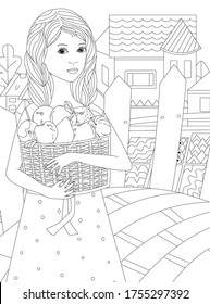 pretty little girl with wavy hair in polka dot dress holding basket with fruits against rural landscape with fence. female portrait for your coloring book
