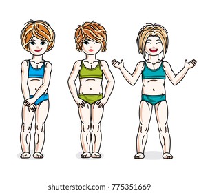 Pretty little girls standing wearing colorful bikini. Vector diversity kids illustrations set.