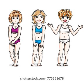 Pretty little girls standing wearing colorful bikini. Vector diversity kids illustrations set.