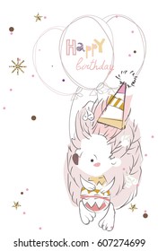 Pretty little hedgehog- hand drawn doodle vector on white background.Isolated illustration sketch for ready for t-shirt print or postcard .Happy birthday.