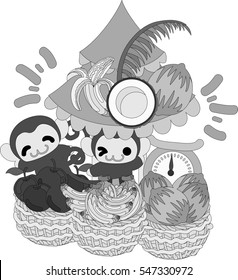The pretty little monkey and a fruits shop
