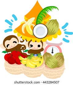 The pretty little monkeys and a fruit shop