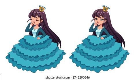 Pretty little princess with black hair and tan skin wearing cyan ball dress.  Big cartoon head. Opened and closed eyes versions. Hand drawn vector illustration for prints, cards, children game. 