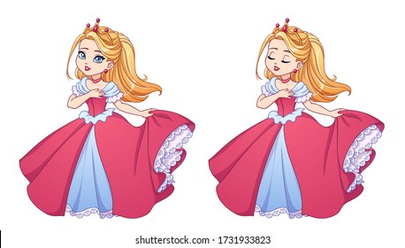 Pretty little princess with blonde hair wearing pink ball dress and golden crown.  Big cartoon head. Opened and closed eyes versions. Hand drawn vector illustration for prints, cards, children game. 