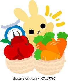 The pretty little rabbit and carrots and apples