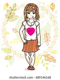 Pretty little redhead girl standing on background of autumn landscape and wearing different casual clothes. Vector pretty nice human illustration. Fashion theme clipart.