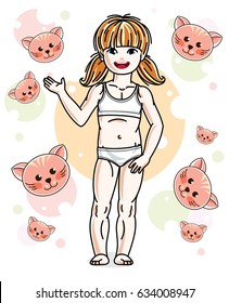 Pretty little redhead girl in underwear standing on animals background. Vector pretty nice human illustration. 