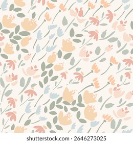 Pretty little solid flowers and leaves placed diagonally, swaying in wind in muted, subtle colors of yellow, peach, cream, blue and green on off white. Maximalist botanical seamless vector pattern.