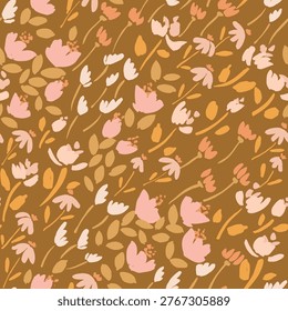 Pretty little solid flowers and leaves placed diagonally, swaying in the wind, as a maximalist botanical design in earthy colors of brown, pink, cream and off white. Floral seamless vector pattern. Great for home decor, fabric, wallpaper, gift wrap, stationery, packaging design projects.

