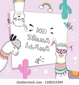 Llamas bonitas y la inscripción no llama de drama en un fondo rosa