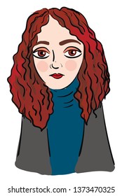 A pretty looking girl with her hair dyed in red in a grey coat and a blue shirt has large eyes vector color drawing or illustration 