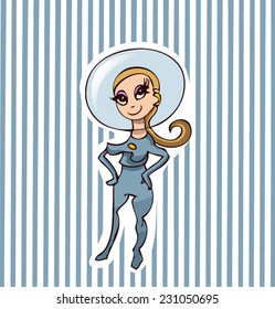 Pretty looking young Space Girl in Astronaut Suit, on a Blue Striped Background, Vector Illustration. 