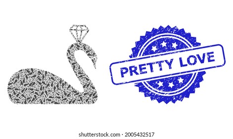 Bonito Amor estampado sucio y composición recursiva vectorial coronado cisne. La estampilla azul contiene la leyenda Pretty Love dentro de la rosette. El mosaico vectorial se forma a partir de elementos de cisne coronados con rotación recursiva.
