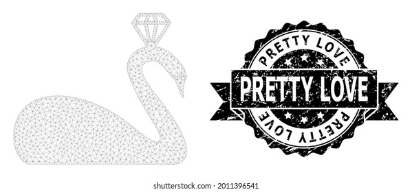 Bonito timbre grunge de amor y modelo de malla de cisne coronada vectorial. El sello negro contiene el título de Pretty Love dentro de la cinta y la rosette. Resumen cisne coronado en malla plana, diseñado con malla plana.