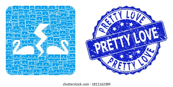 Pretty Love unclean round seal print and vector fractal mosaic divorce swans. Blue stamp seal contains Pretty Love tag inside round shape. Vector mosaic is made with random divorce swans pictograms.