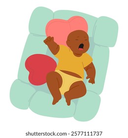 Pretty lovely newborn baby kid expressively crying, screaming and weeping feeling pain, hungry or sleepy lying in bed isolated cartoon vector illustration. Parenting, innocence and babysitting problem