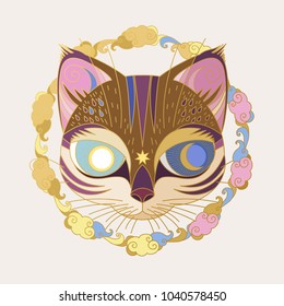 Pretty magic cat with moon and sun in it's big eyes. Vector illustration