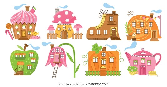 Pretty magical houses. Cute fabulous dwellings, fantasy designs and decorations, sweets, mushrooms and teapot shapes buildings, vector set.eps
