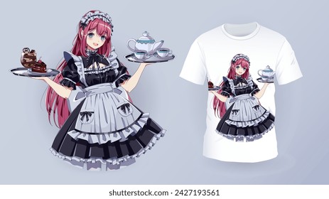 Pretty maid cafe girl and t-shirt print vector template. Kawaii anime woman holding desserts and coffee character for clothes decor. Japanese art