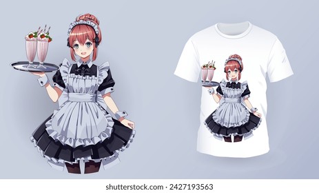 Pretty maid cafe girl and t-shirt print vector template. Kawaii anime woman holding desserts and coffee character for clothes decor. Japanese art