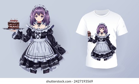 Pretty maid cafe girl and t-shirt print vector template. Kawaii anime woman holding desserts and coffee character for clothes decor. Japanese art