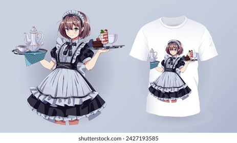 Pretty maid cafe girl and t-shirt print vector template. Kawaii anime woman holding desserts and coffee character for clothes decor. Japanese art