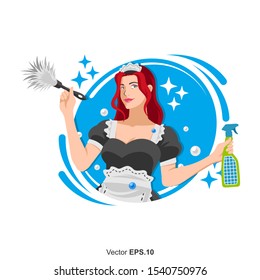 Pretty Maid or Young Beautiful Red Hair Woman Holding Spray, Woman Housekeeper, House Cleaning Service Logo Design Vector