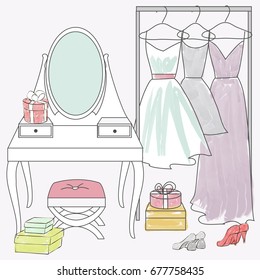 Pretty makeup table and rack with dresses and gift boxes in watercolor style