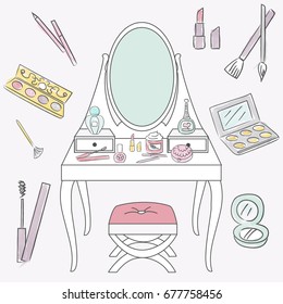 Pretty makeup table with set of cosmetics