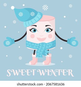 Pretty Marshmallow, candy - Christmas, winter, New Year cartoon little man. Greeting card, invitation, poster, Packaging of sweets. Cheerful  character in felt boots and mittens. Vector illustration