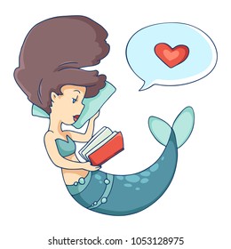 Pretty mermaid with book, color vector illustration.