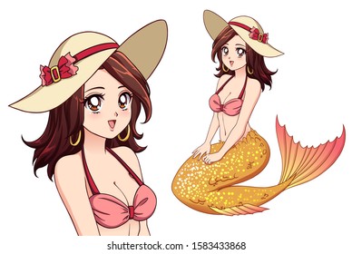 Pretty mermaid with brown hair and shiny yellow fish tail and wearing summer hat. Retro anime style. Hand drawn vector illustration isolated on white.