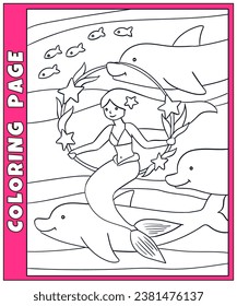 Pretty mermaid cartoon illustration for coloring book, funny female mermaid underwater with dolphins and fish vector drawing for coloring page for children, cute character from fairy tales