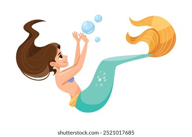 Pretty Mermaid Character with Fish Tail and Female Body Vector Illustration