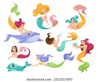 Personaje de sirena bonita con cola de pescado y Vector de cuerpo femenino