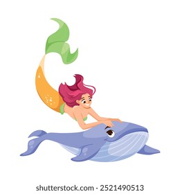 Pretty Mermaid Character with Fish Tail and Female Body with Whale Vector Illustration