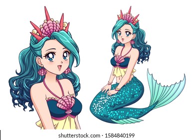 Pretty mermaid with curly cyan hair and shiny cyan fish tail and wearing shell crown. Retro anime style. Hand drawn vector illustration isolated on white.