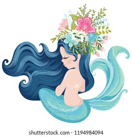 Pretty mermaid with flowers vector illustration, marine collection, lovely mermaid graphic for kids prints, t shirts, wallpapers, birthday cards, postcards, children products, girls swimsuits.