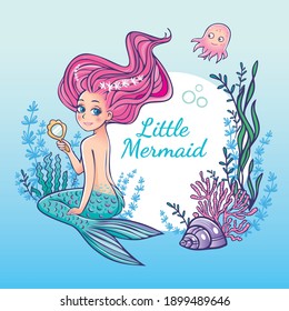 Pretty mermaid girl with mirror on underwater world with corals and fish background color