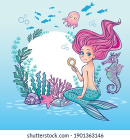 Pretty mermaid girl with mirror on underwater world with corals and fish background color