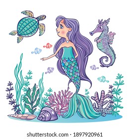 Pretty mermaid girl on underwater world with corals and fish background color