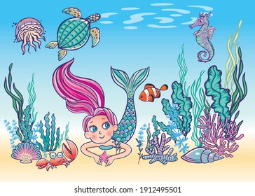 Pretty mermaid girl on underwater world with corals and fish waterturtle, seahorse background color